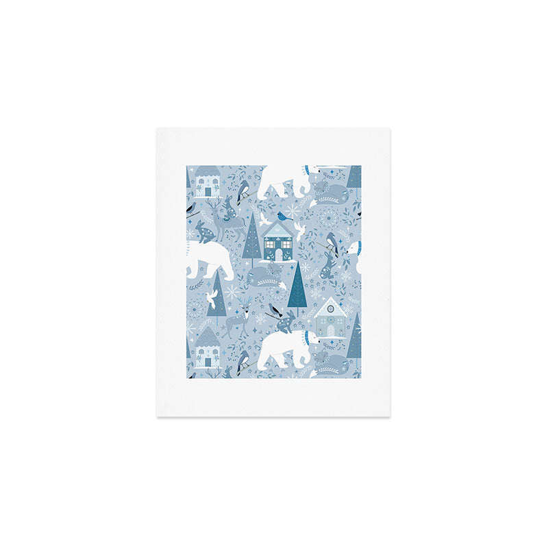 Scandinavian style festive winter animals blue Art Print Gallery Image 1