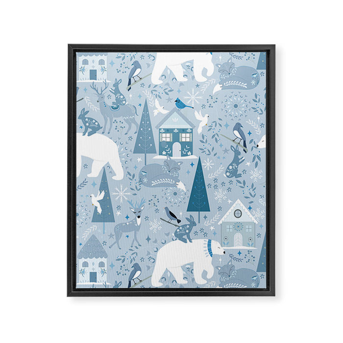 Scandinavian style festive winter animals blue Framed Canvas Print Gallery Image 1
