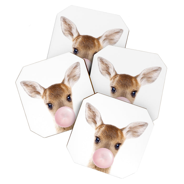 Baby Deer Blowing Bubble Gum, Pink Nursery, Baby Animals Art Print by Synplus Coaster Gallery Image 1