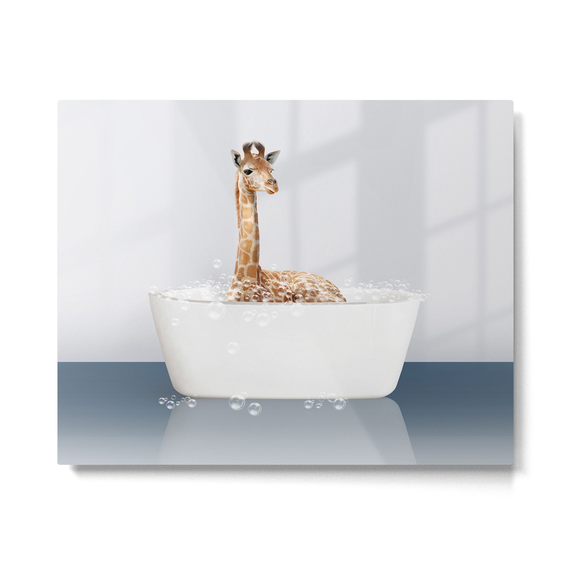Baby Giraffe in a Bathtub Blue BG, Giraffe Taking a Bath, Bathtub Animal Art Print By Synplus Metal Print Gallery Image 4