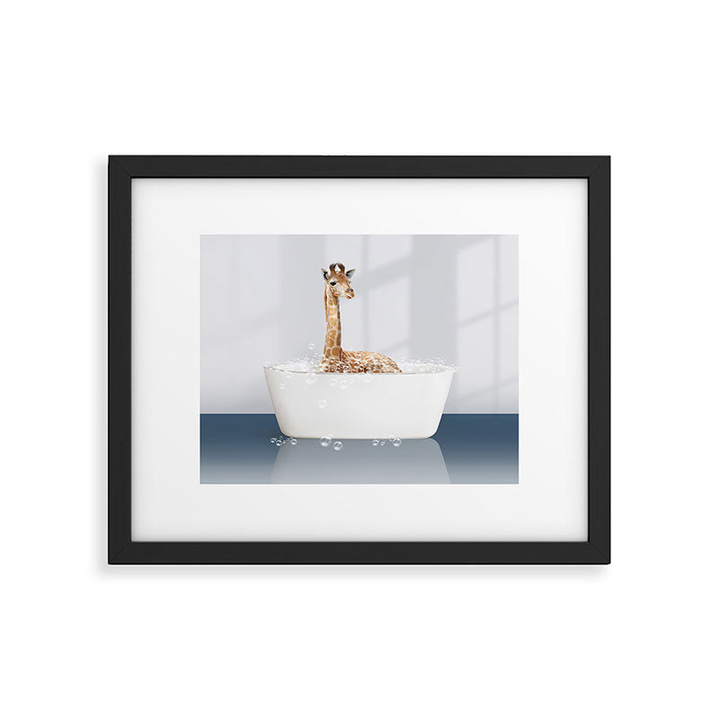 Baby Giraffe in a Bathtub Blue BG, Giraffe Taking a Bath, Bathtub Animal Art Print By Synplus Framed Art Print Gallery Image 5