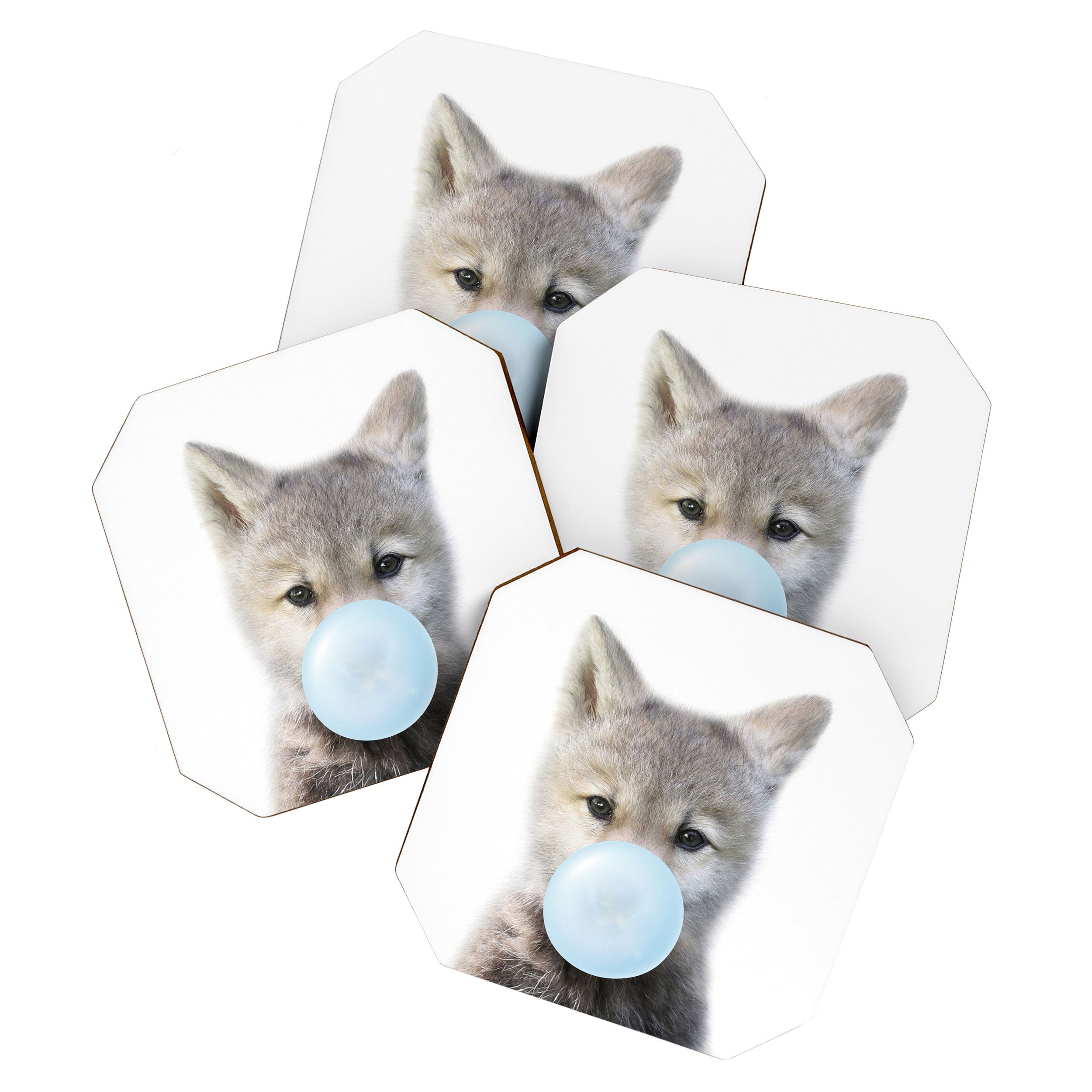 Baby Wolf Blowing Blue Bubble Gum, Baby Boy, Kids, Baby Animals Art Print by Synplus Coaster Gallery Image 1