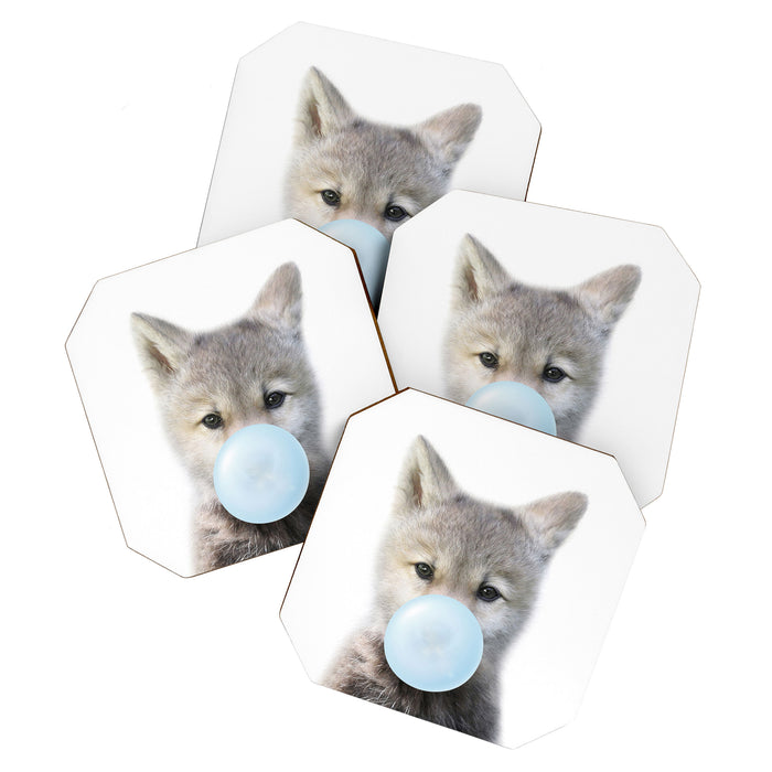 Baby Wolf Blowing Blue Bubble Gum, Baby Boy, Kids, Baby Animals Art Print by Synplus Coaster Gallery Image 1