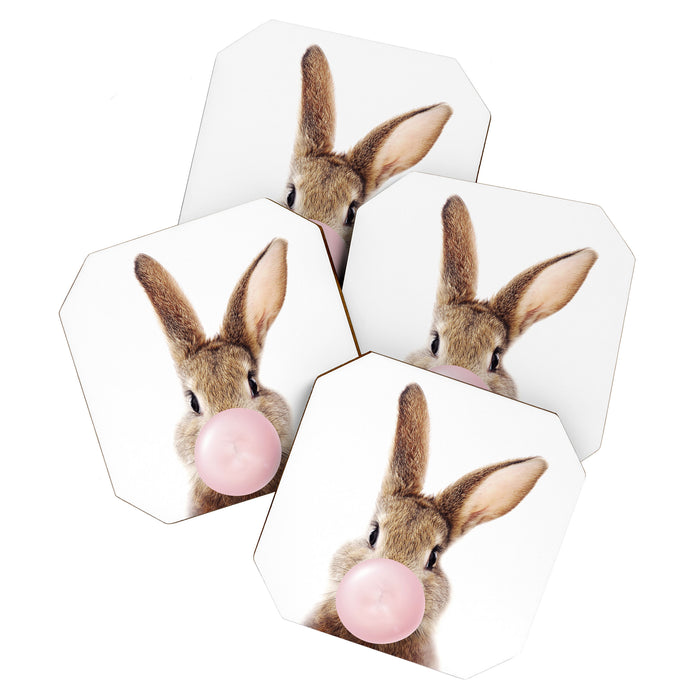 Brown Bunny Blowing Bubble Gum, Pink Nursery, Baby Animals Art Print by Synplus Coaster Gallery Image 1