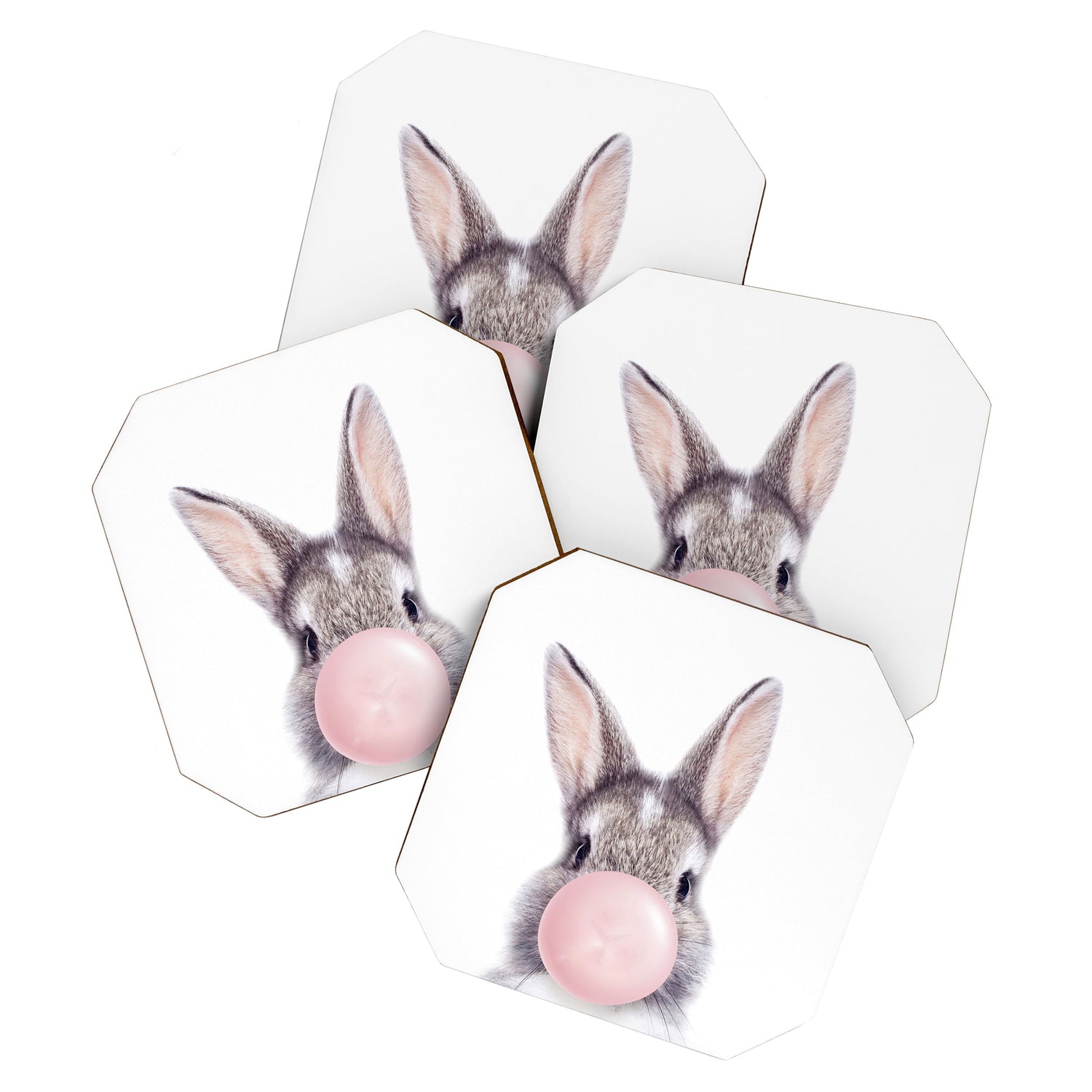 Bunny Rabbit Blowing Bubble Gum, Pink Nursery, Baby Animals Art Print by Synplus Coaster Gallery Image 1