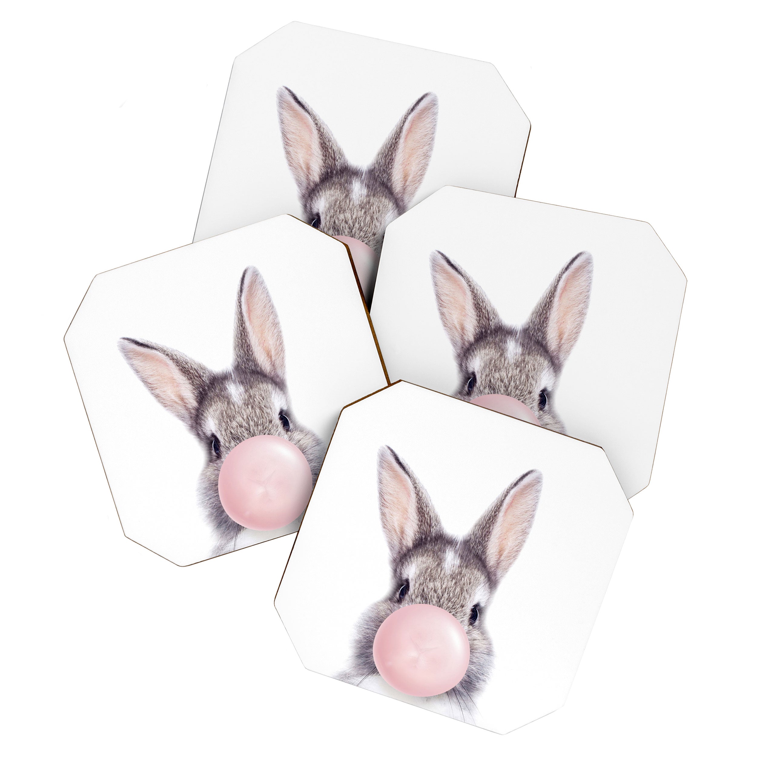 Bunny Rabbit Blowing Bubble Gum, Pink Nursery, Baby Animals Art Print by Synplus Coaster Gallery Image 1