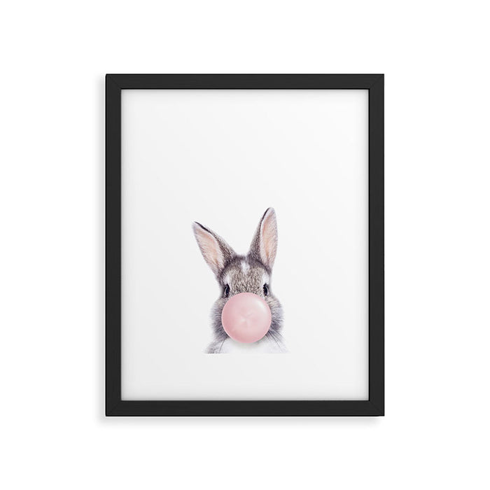 Bunny Rabbit Blowing Bubble Gum, Pink Nursery, Baby Animals Art Print by Synplus Framed Art Print Gallery Image 1