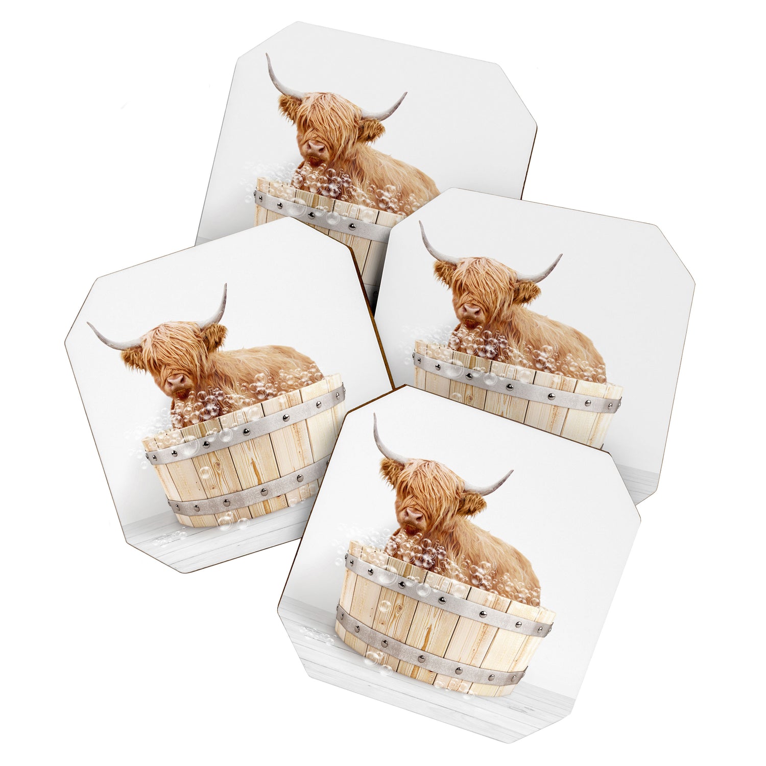 Highland Cow in a Wooden Bathtub, Cow Taking a Bath, Bathtub Animal Art Print By Synplus Coaster Gallery Image 1