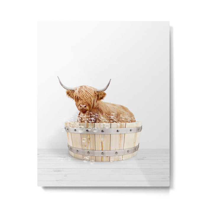 Highland Cow in a Wooden Bathtub, Cow Taking a Bath, Bathtub Animal Art Print By Synplus Metal Print Gallery Image 1