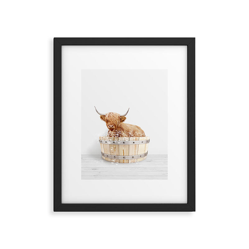 Highland Cow in a Wooden Bathtub, Cow Taking a Bath, Bathtub Animal Art Print By Synplus Framed Art Print Gallery Image 5