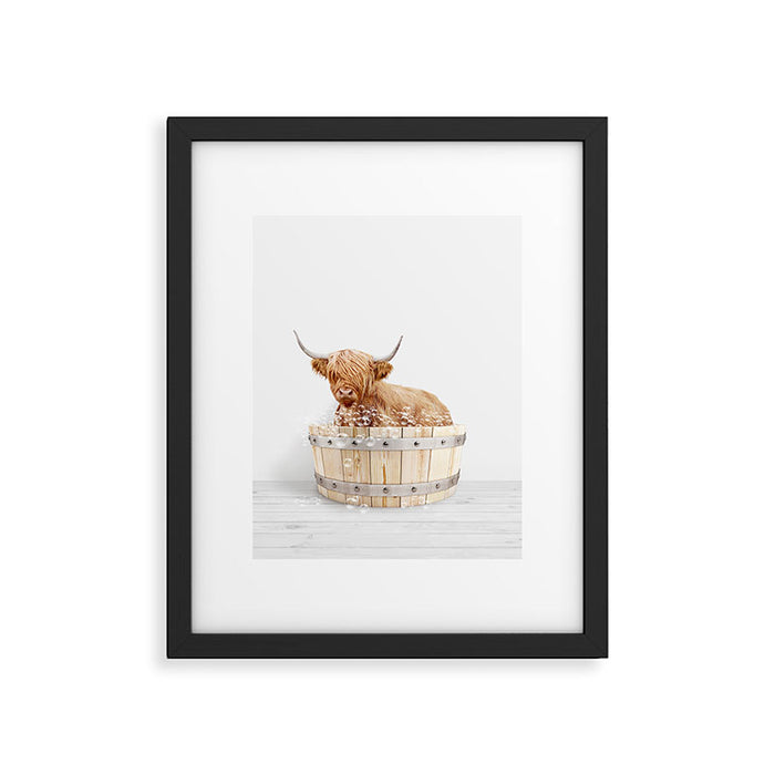 Highland Cow in a Wooden Bathtub, Cow Taking a Bath, Bathtub Animal Art Print By Synplus Framed Art Print Gallery Image 1
