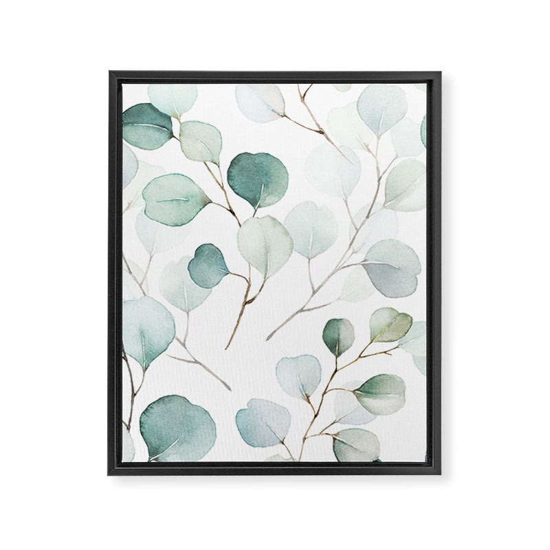 Watercolor Eucalyptus branches, botanical art, green blue leaves Framed Canvas Print Gallery Image 1