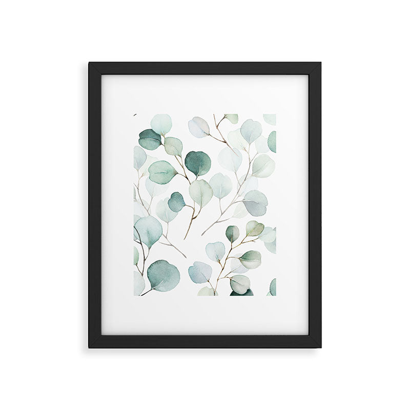 Watercolor Eucalyptus branches, botanical art, green blue leaves Framed Art Print Gallery Image 1