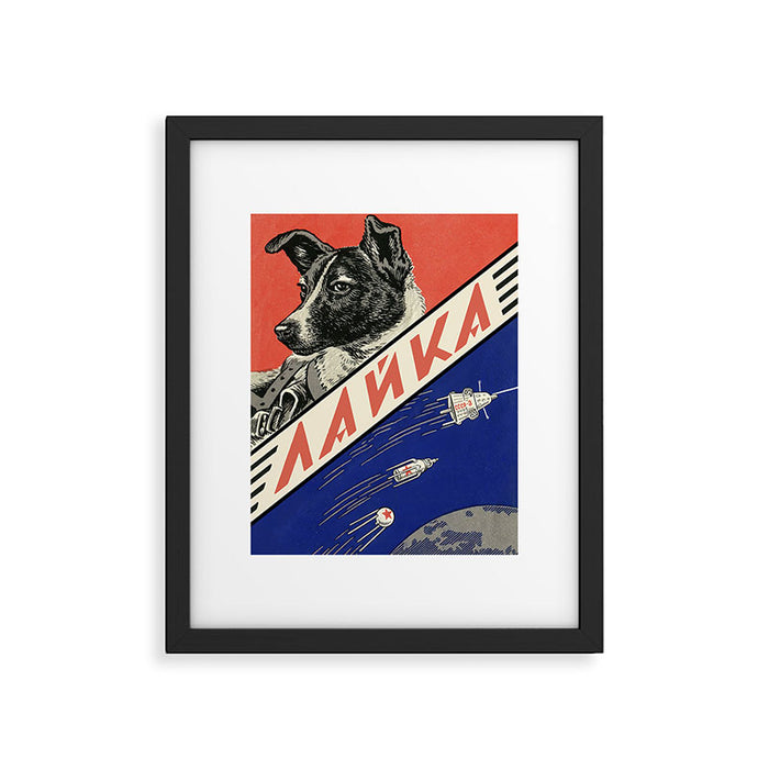 Laika, first space dog â Soviet vintage space poster [Sovietwave] Framed Art Print Gallery Image 1