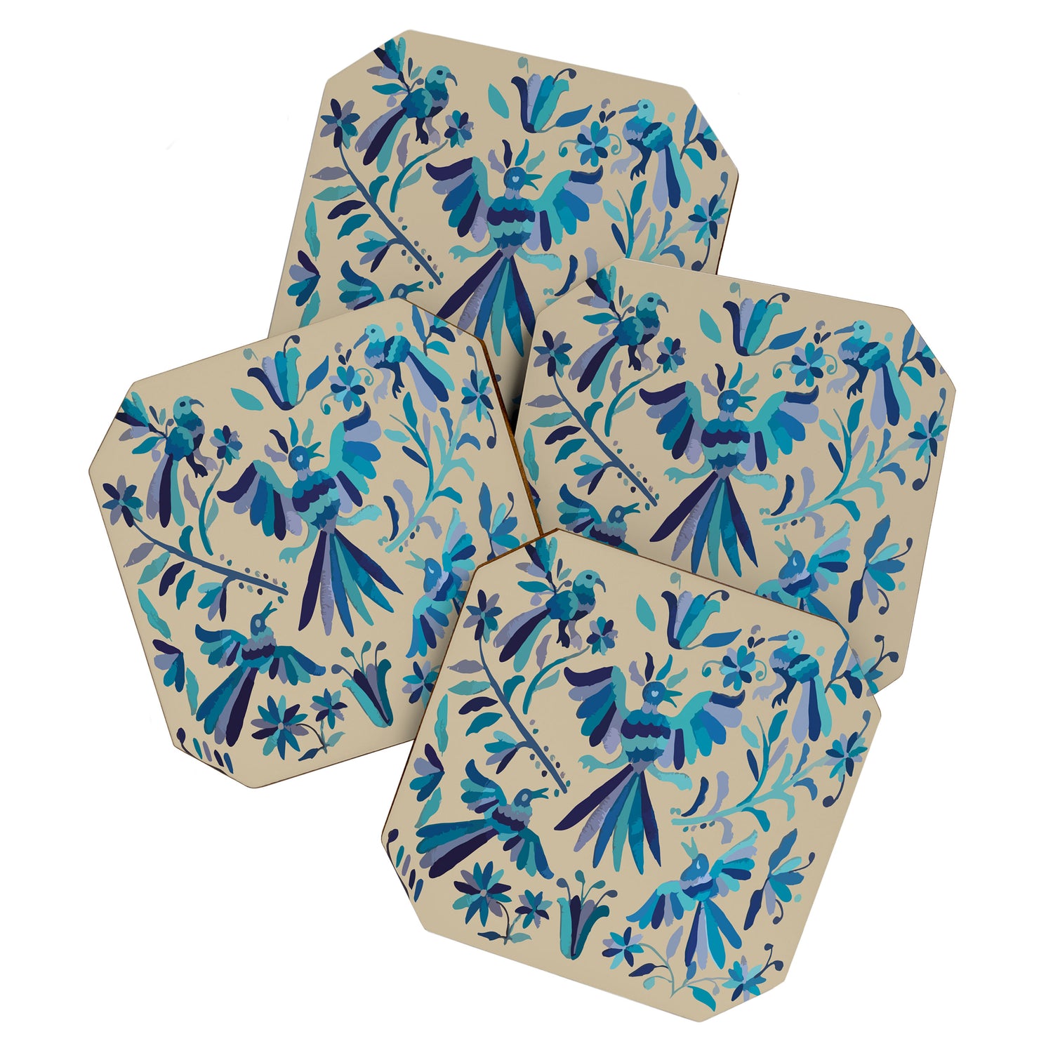 Blue otomi tenango mexican fabric birds and flower embroidery interior design Coaster Gallery Image 1