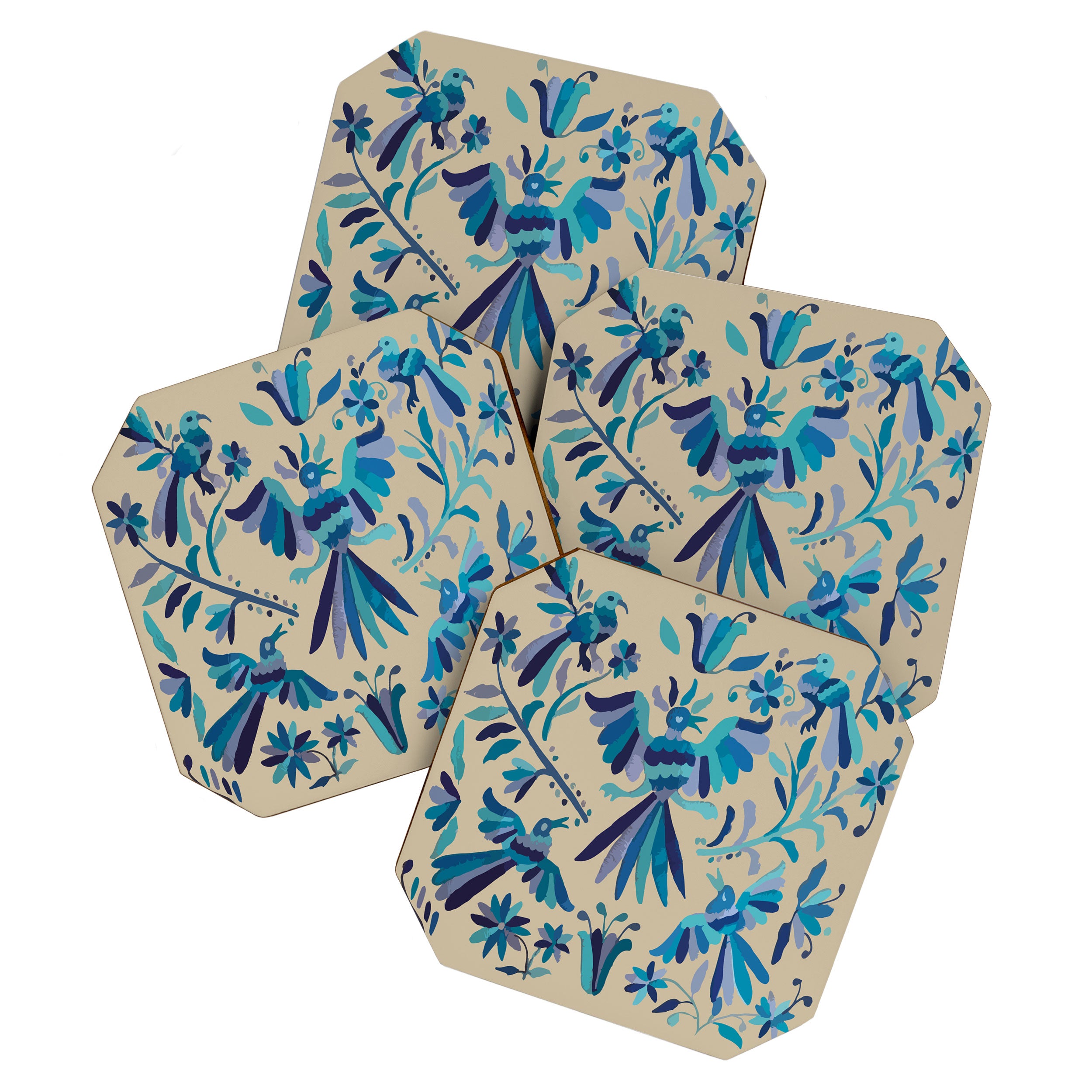 Blue otomi tenango mexican fabric birds and flower embroidery interior design Coaster Gallery Image 1