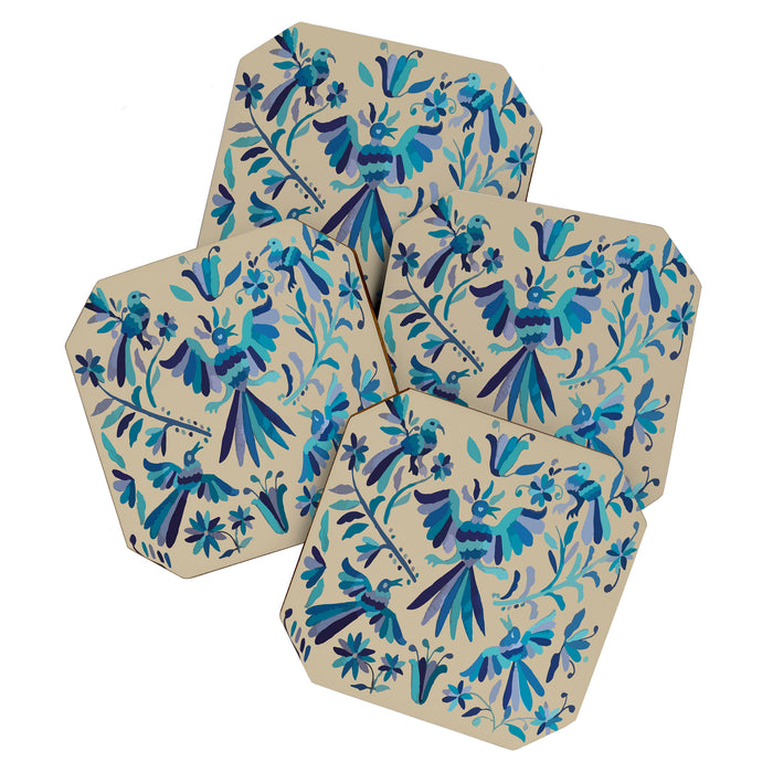 Blue otomi tenango mexican fabric birds and flower embroidery interior design Coaster Gallery Image 1