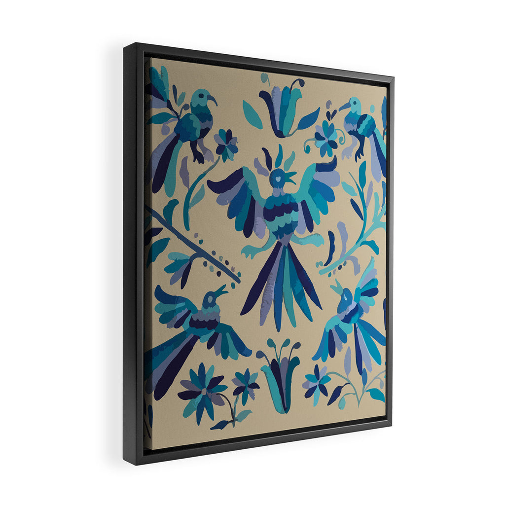 Blue otomi tenango mexican fabric birds and flower embroidery interior design Framed Canvas Print Gallery Image 2