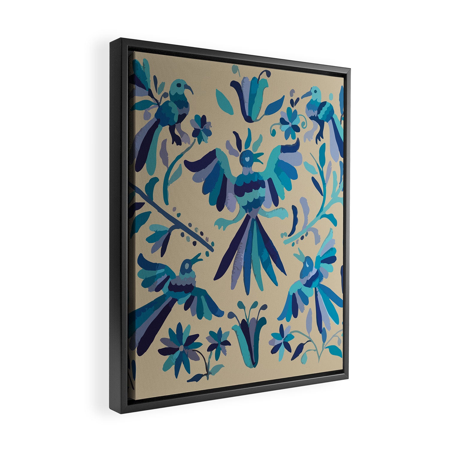 Blue otomi tenango mexican fabric birds and flower embroidery interior design Framed Canvas Print Gallery Image 2