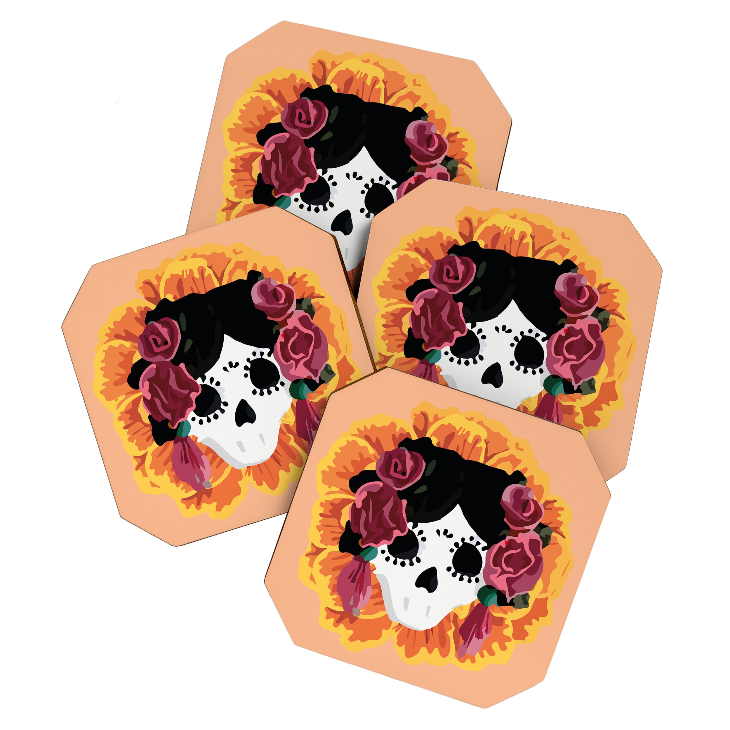 Catrina frida mexican kawaii cute sugar skull mexican style mexican flower marigold skeleton  Coaster Gallery Image 1