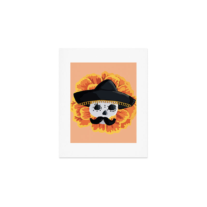 Charro mexican kawaii cute sugar skull mexican style cempasúchil mustache mexican sombrero skeleton  Art Print Gallery Image 1