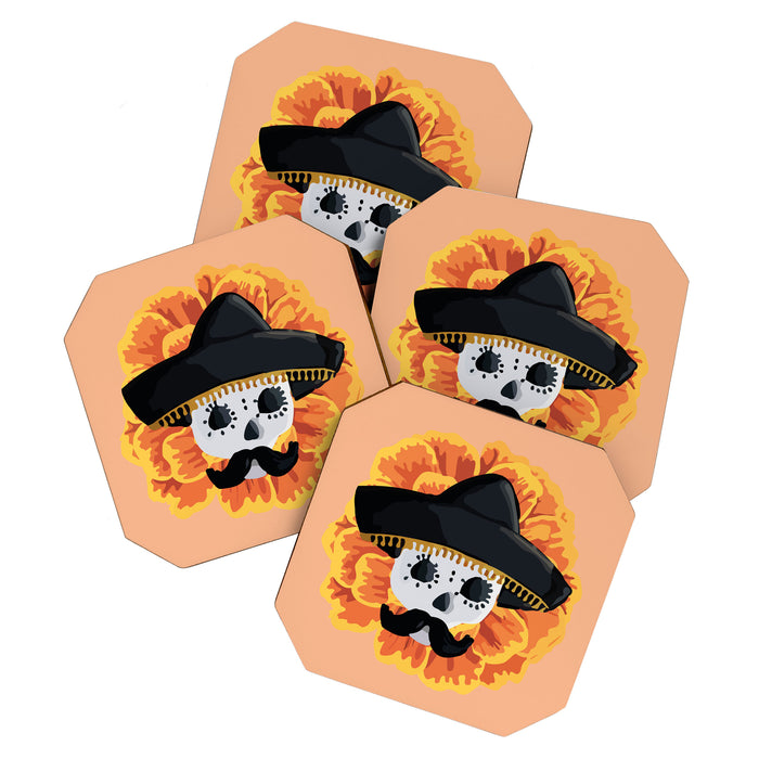 Charro mexican kawaii cute sugar skull mexican style cempasúchil mustache mexican sombrero skeleton  Coaster Gallery Image 1