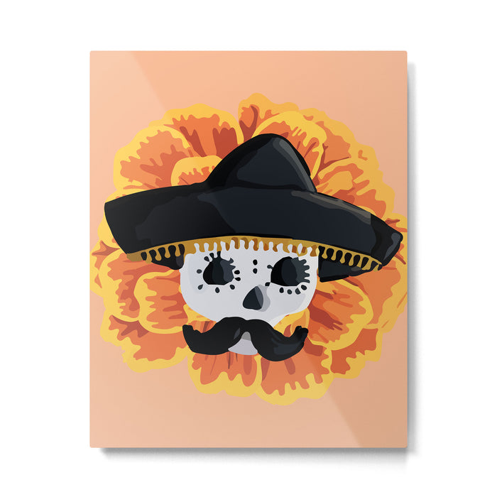 Charro mexican kawaii cute sugar skull mexican style cempasúchil mustache mexican sombrero skeleton  Metal Print Gallery Image 1