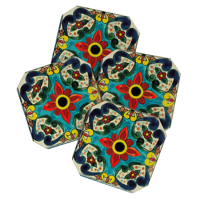 Colorful flower bouquet mexican tile floral pattern Coaster Gallery Image 1