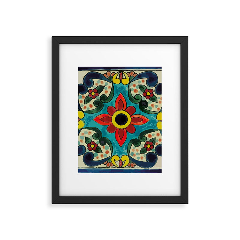Colorful flower bouquet mexican tile floral pattern Framed Art Print Gallery Image 6