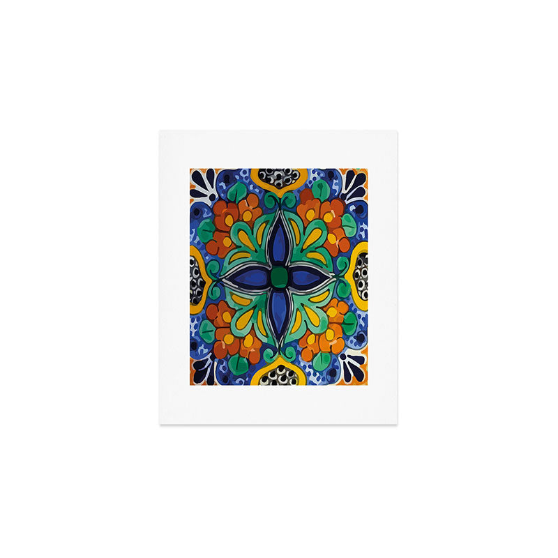 Maximalist leaves mexican flowers talavera pottery blue azulejo tile Art Print Gallery Image 1