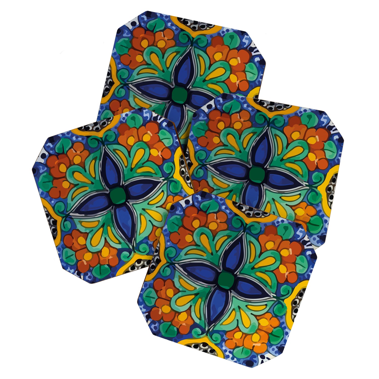 Maximalist leaves mexican flowers talavera pottery blue azulejo tile Coaster Gallery Image 1