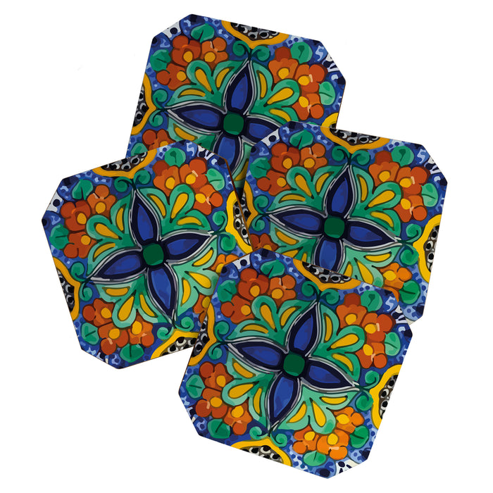 Maximalist leaves mexican flowers talavera pottery blue azulejo tile Coaster Gallery Image 1
