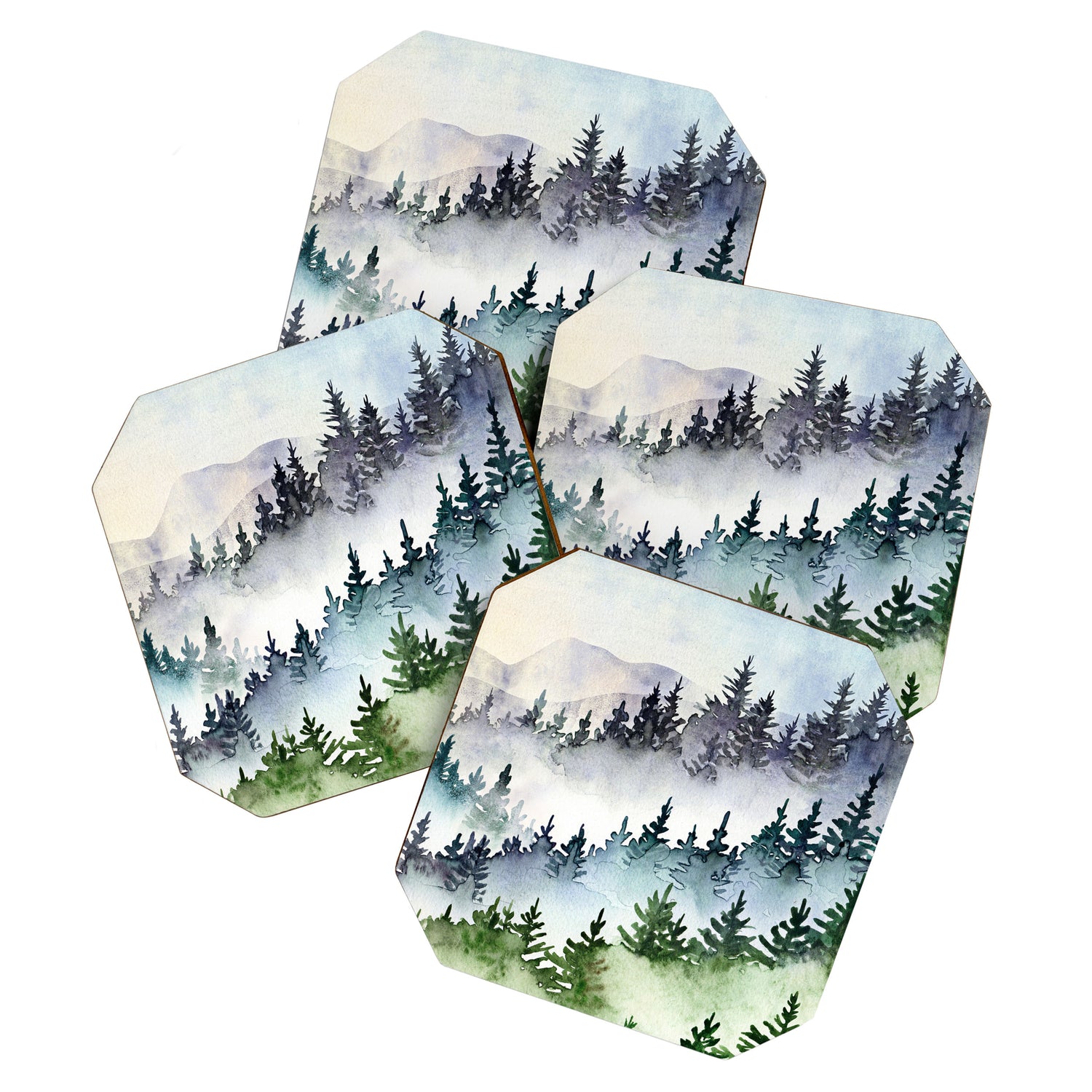 Misty Mountain Pines - Foggy Forest Watercolor Painting Coaster Gallery Image 1