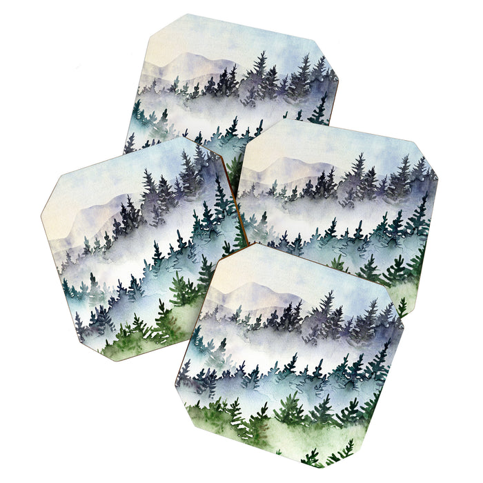 Misty Mountain Pines - Foggy Forest Watercolor Painting Coaster Gallery Image 1