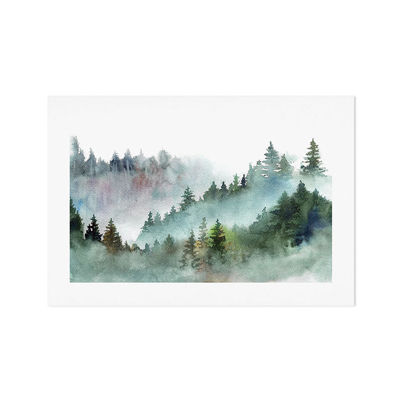 Watercolor Pine Forest Mountains in the Fog Art Print Gallery Image 1