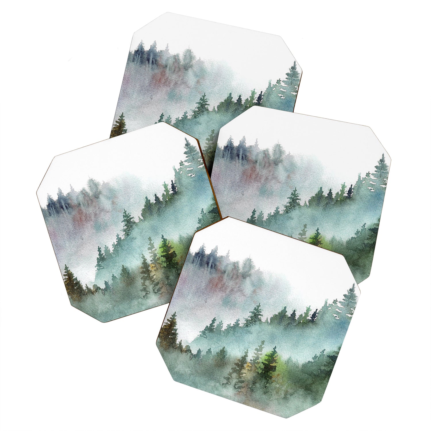 Watercolor Pine Forest Mountains in the Fog Coaster Gallery Image 1