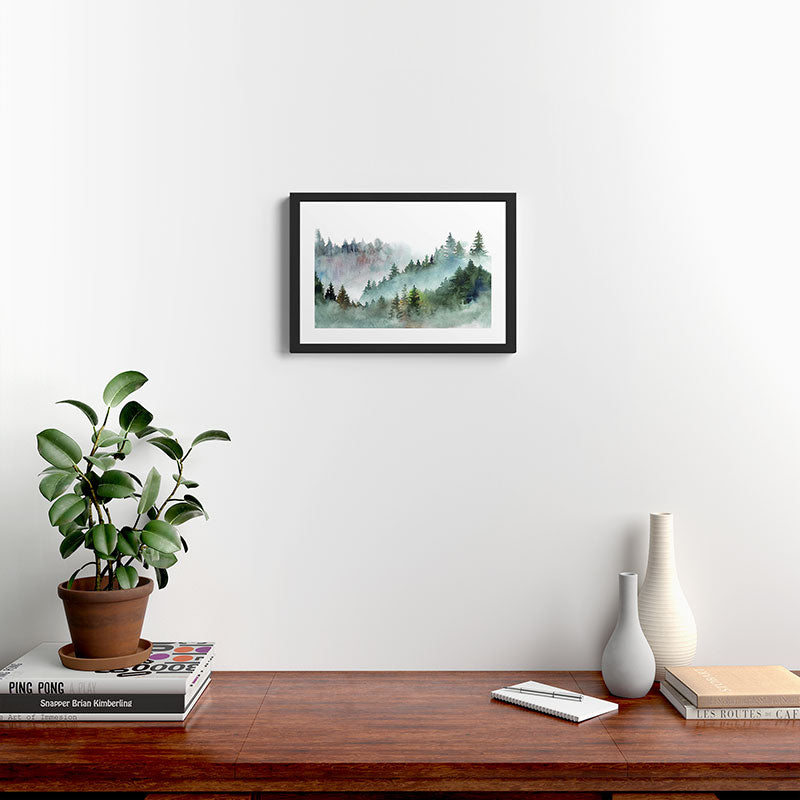Watercolor Pine Forest Mountains in the Fog Framed Art Print Gallery Image 2