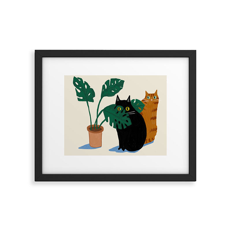 Black cat & orange tabby cat with Monstera plant Framed Art Print Gallery Image 5