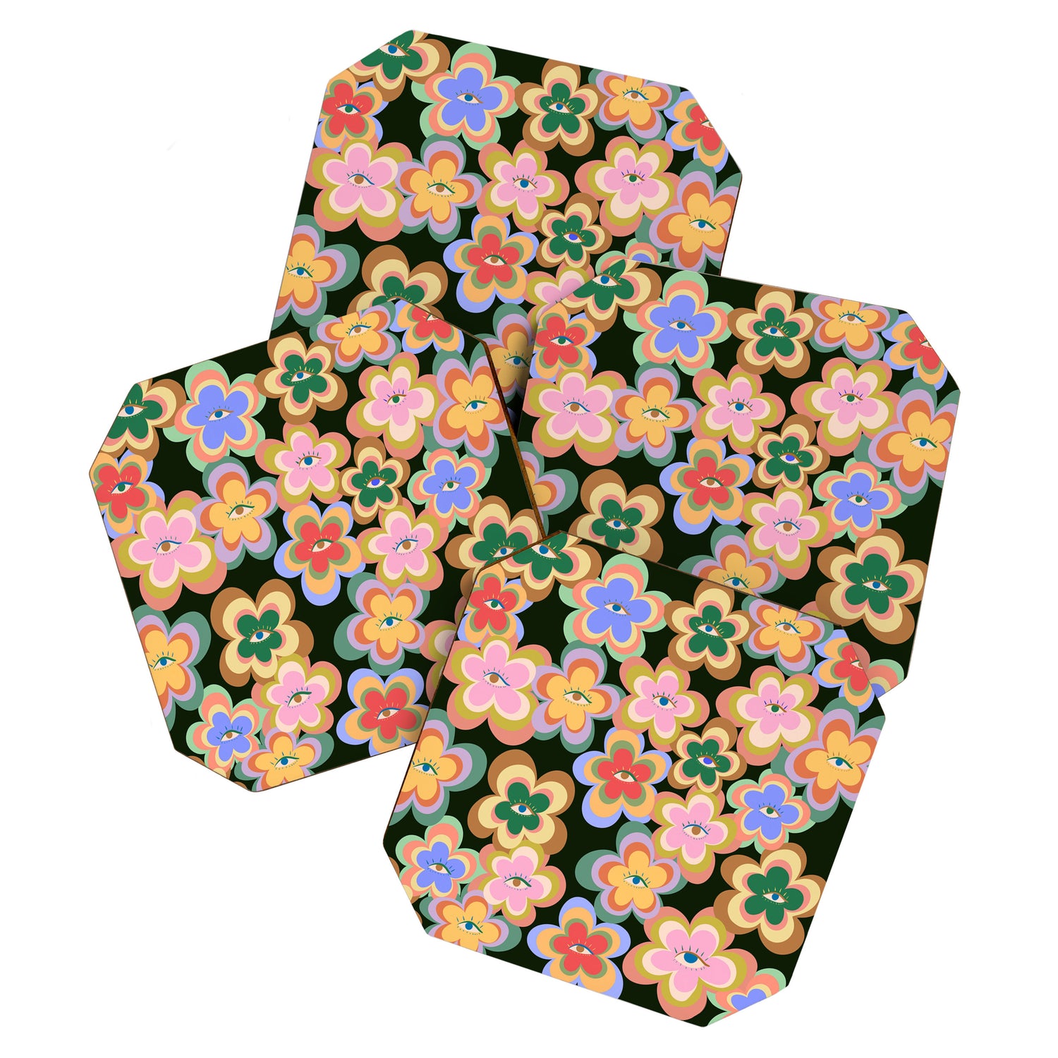 70s Evil Eye Flower Pattern in dark green Coaster Gallery Image 1