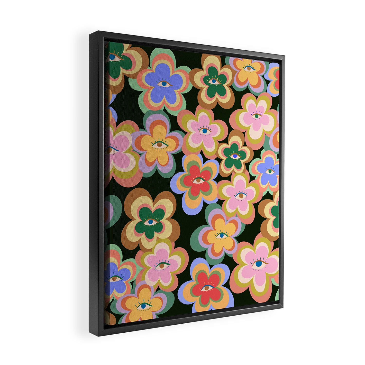 70s Evil Eye Flower Pattern in dark green Framed Canvas Print Gallery Image 2