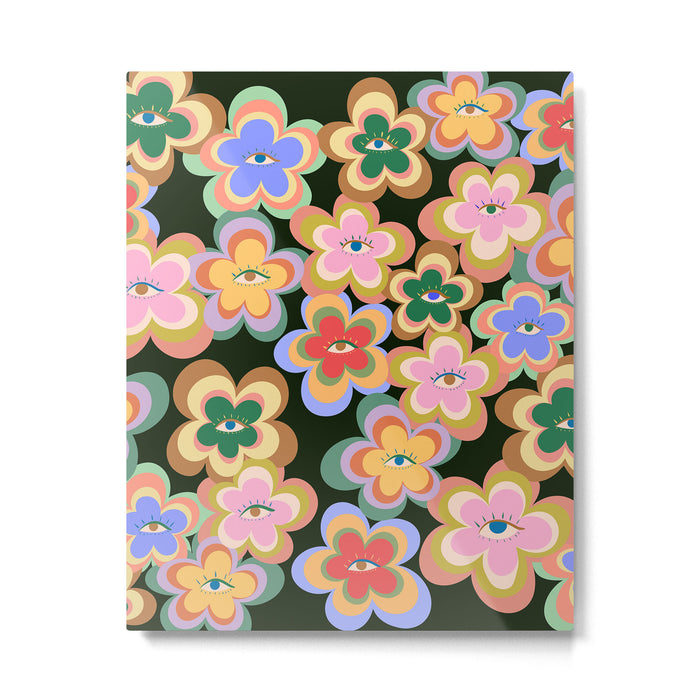 70s Evil Eye Flower Pattern in dark green Metal Print Gallery Image 1