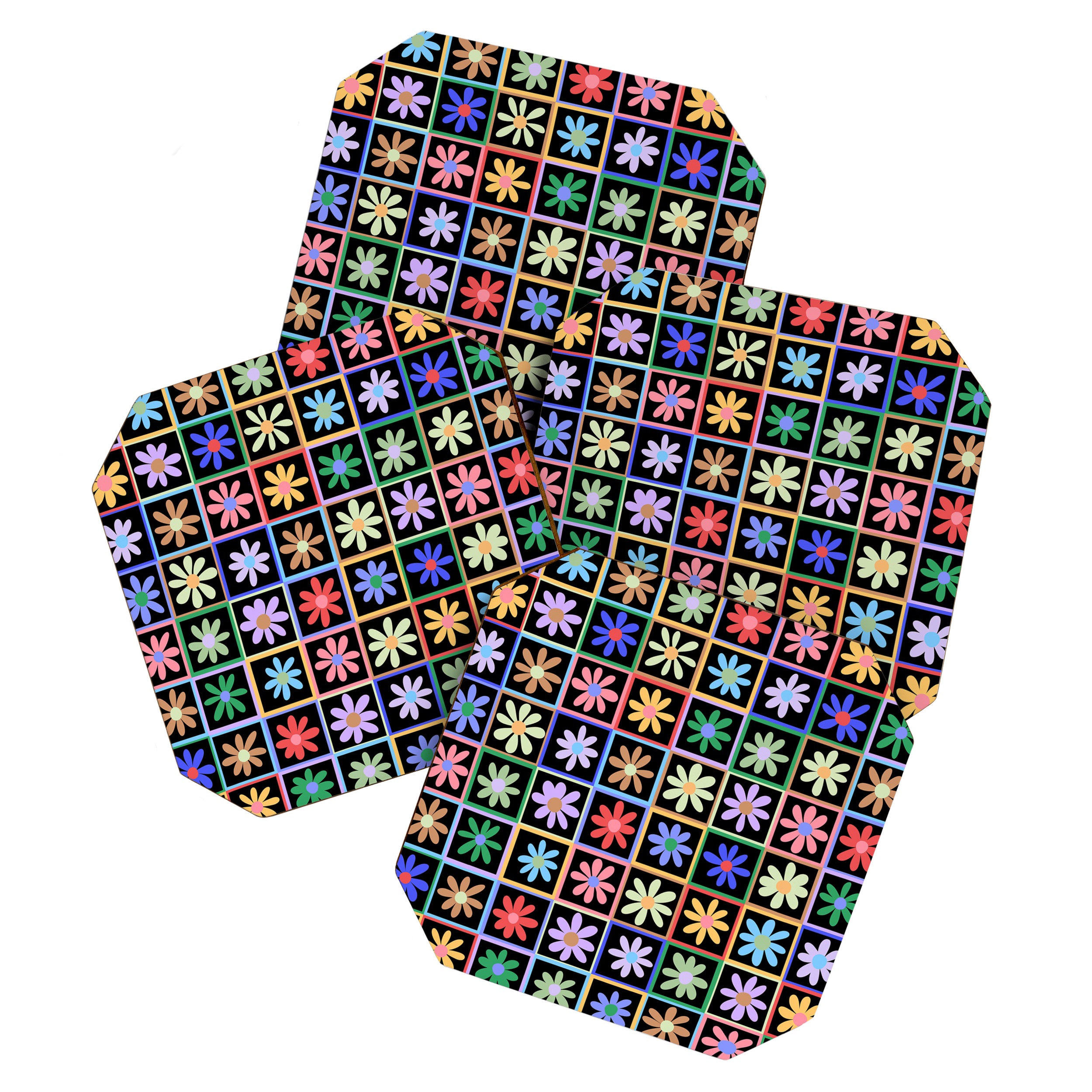 Checkered Flowers in Black  Coaster Gallery Image 1