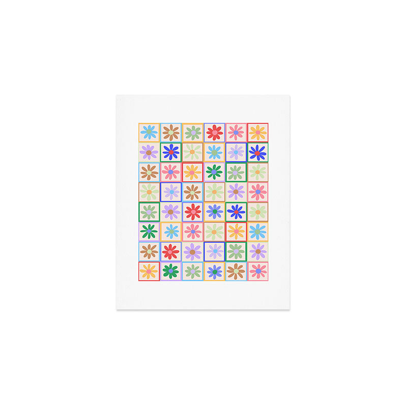 Cute Checkered Flowers in Beige  Art Print Gallery Image 1