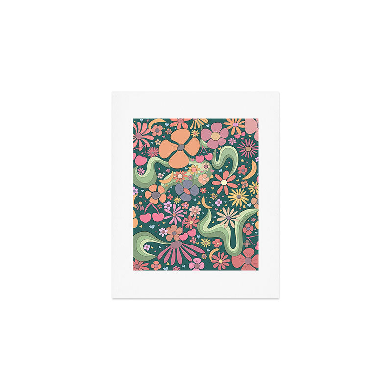 Retro Hippie 70s rainbow flower garden pattern  Art Print Gallery Image 1
