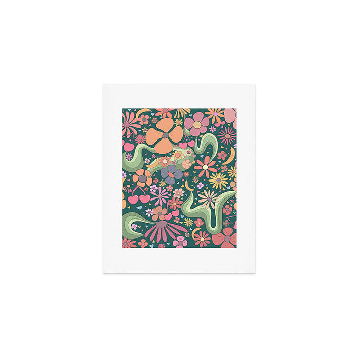 Retro Hippie 70s rainbow flower garden pattern  Art Print Gallery Image 1