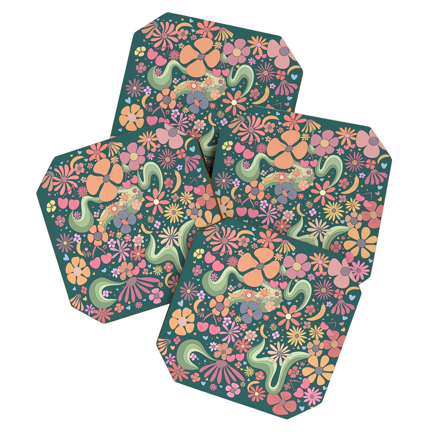 Retro Hippie 70s rainbow flower garden pattern  Coaster Gallery Image 1
