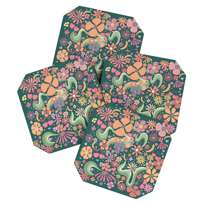 Retro Hippie 70s rainbow flower garden pattern  Coaster Gallery Image 1