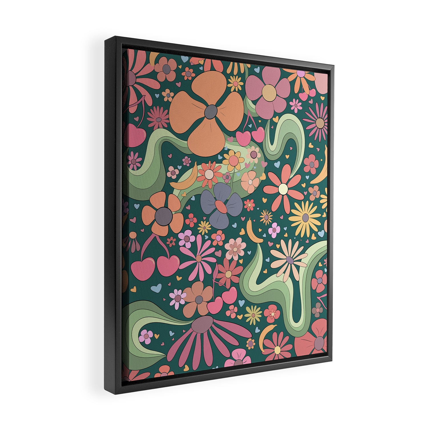 Retro Hippie 70s rainbow flower garden pattern  Framed Canvas Print Gallery Image 2