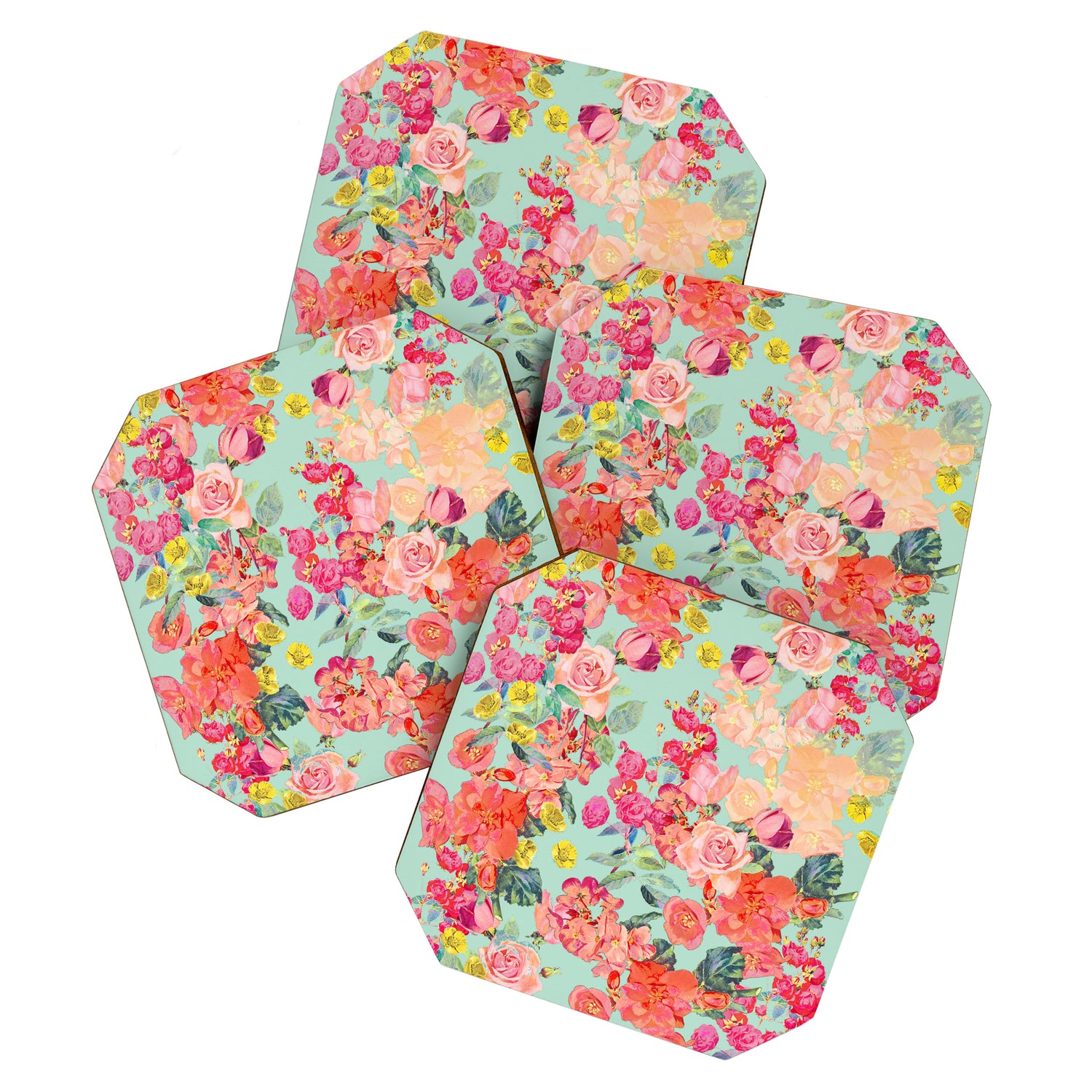 Antique Floral Print in Coral and Mint Tones Coaster Gallery Image 1