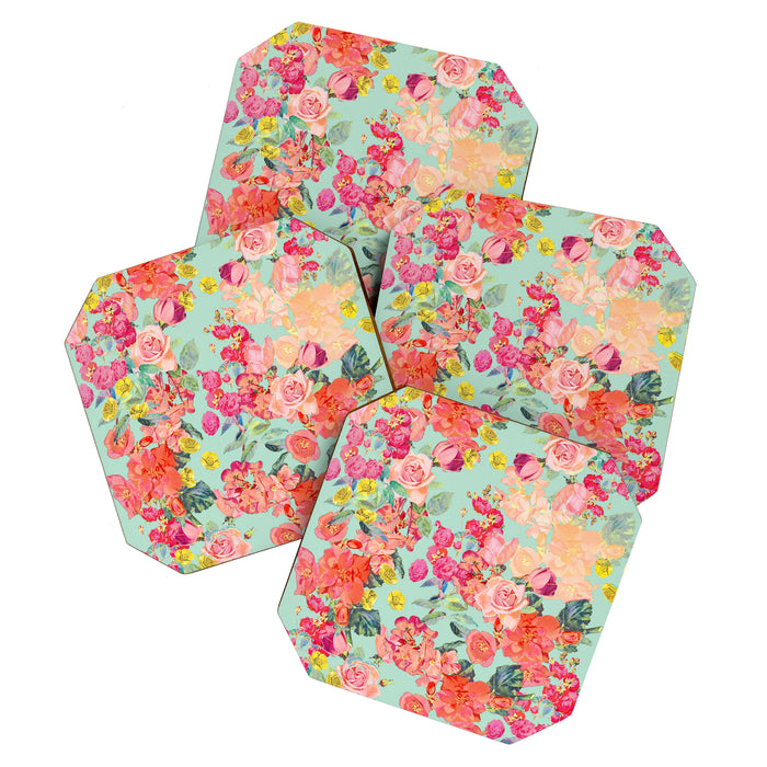 Antique Floral Print in Coral and Mint Tones Coaster Gallery Image 1